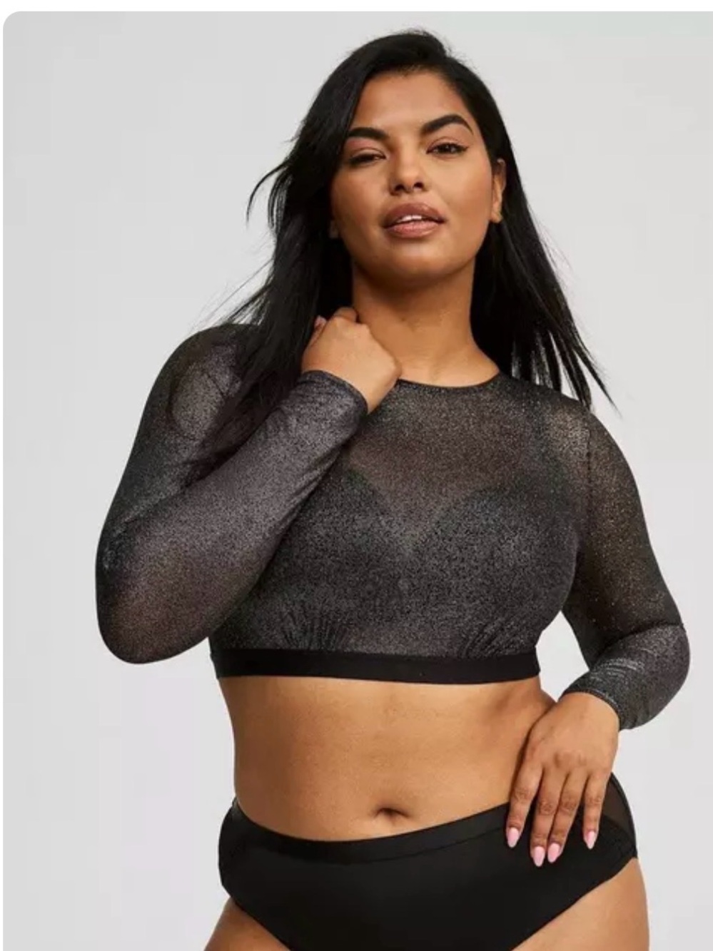 torrid Sheer Metallic Long Sleeve Crop Top in Black